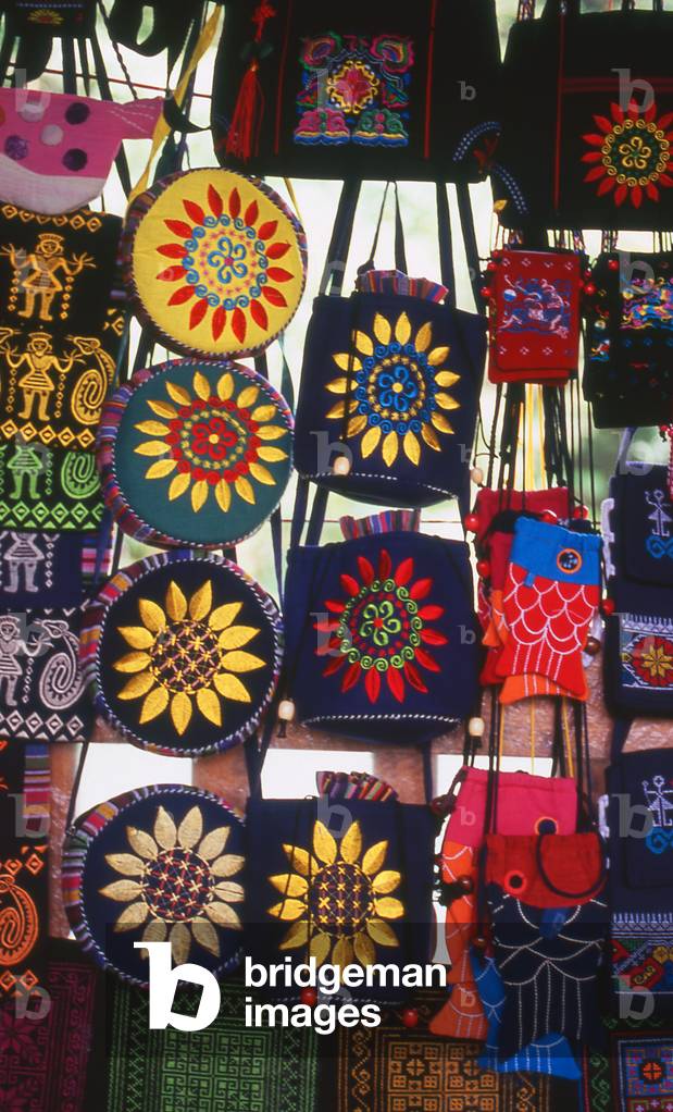 China: Colourful Zhuang bags for sale in Ping An, a Zhuang village next to the Longji (Dragon's Backbone) Terraced Rice Fields, Longsheng Rice Terraces, Longsheng County, Guangxi Province