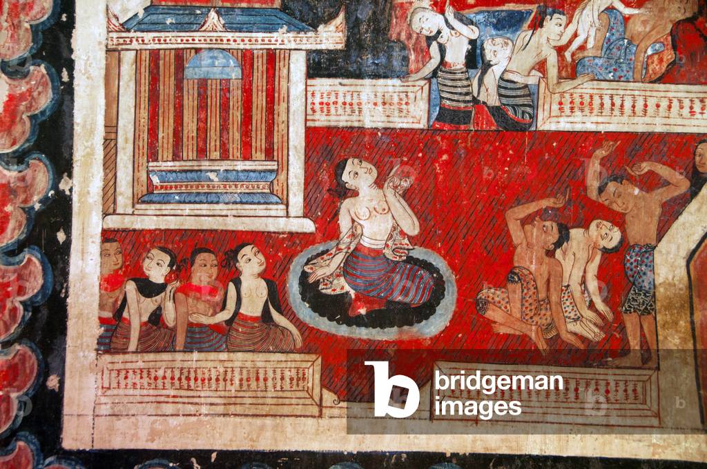 Thailand: Northern Thai men and women, northern wall mural, Wat Buak Khrok Luang, Chiang Mai