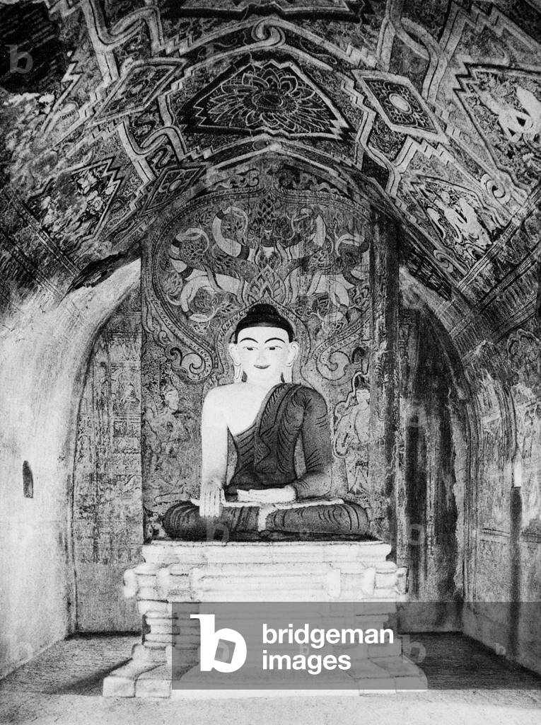 Burma/ Myanmar: Frescoes and a Buddha image in a temple in Bagan, Upper Burma, c.1920s.
