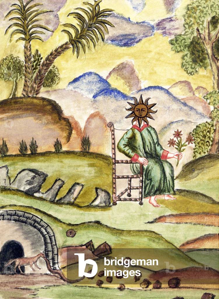 Germany: Seated illuminatus - presumed to be a representation of Zoroaster - with solar features. From the alchemical manuscript 'Clavis Artis', 1738