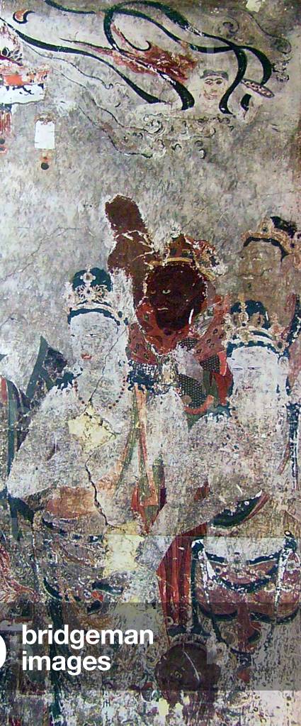 Japan: Lost Horyuji Temple fresco from a pre-1949 photograph: No.10 wall, Bhaisajyaguruvaidurya Tathagata paradise, upper right detail