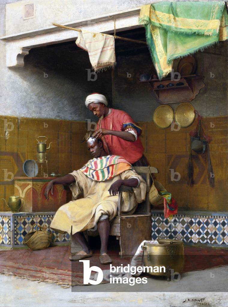 Morocco: 'The Barber', oil on panel, Jean Discart (1856-1944), Tangiers, late 19th century