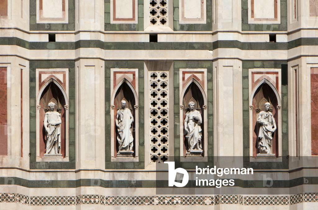 Italy: Four statues on the west side sculpted by Andrea Pisano, Giotto's Campanile (bell tower), Cattedrale di Santa Maria del Fiore (Cathedral of Saint Mary of the Flowers, also known as Il Duomo di Firenze), Piazza del Duomo, Florence