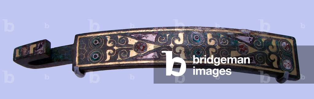 China: A belt hook inlaid with gold and silver, c. 2nd century BCE.