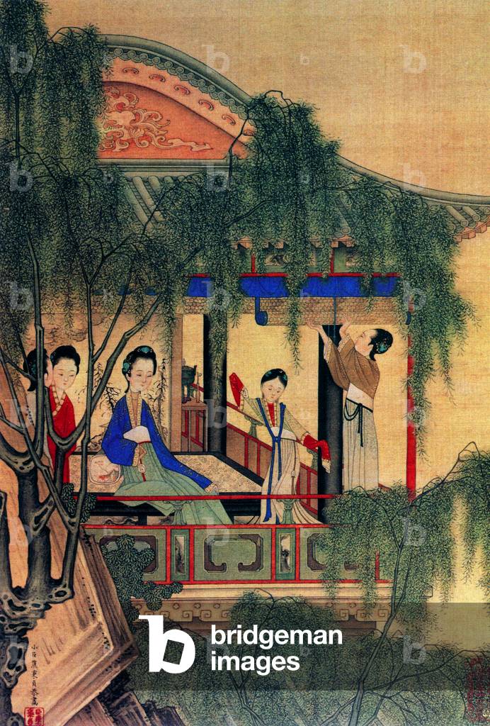 China: A lady seated with her companions in a pavilion watch a girl dancing. Qing Dynasty painter Jiao Bingzhen (1689-1726)