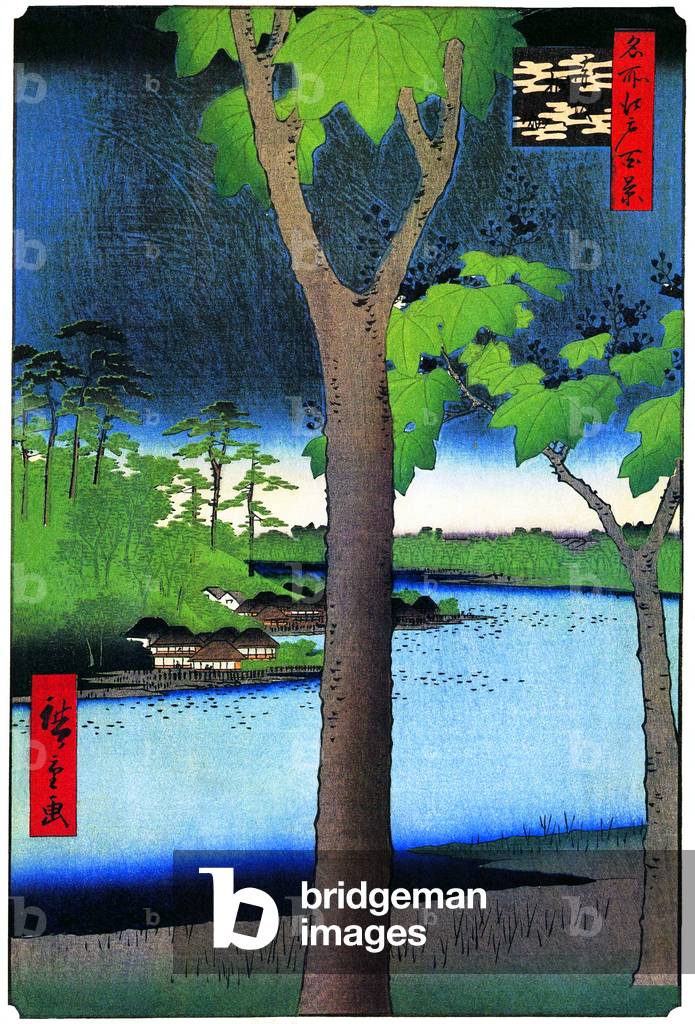 Japan: Summer: The Paulownia Garden at Akasaka; Paulownia Garden, Tameike Pond, Hie Shrine, residence of daimyo Kuroda of Fukuoka. Image 52 of '100 Famous Views of Edo'. Utagawa Hiroshige (first published 1856-59)