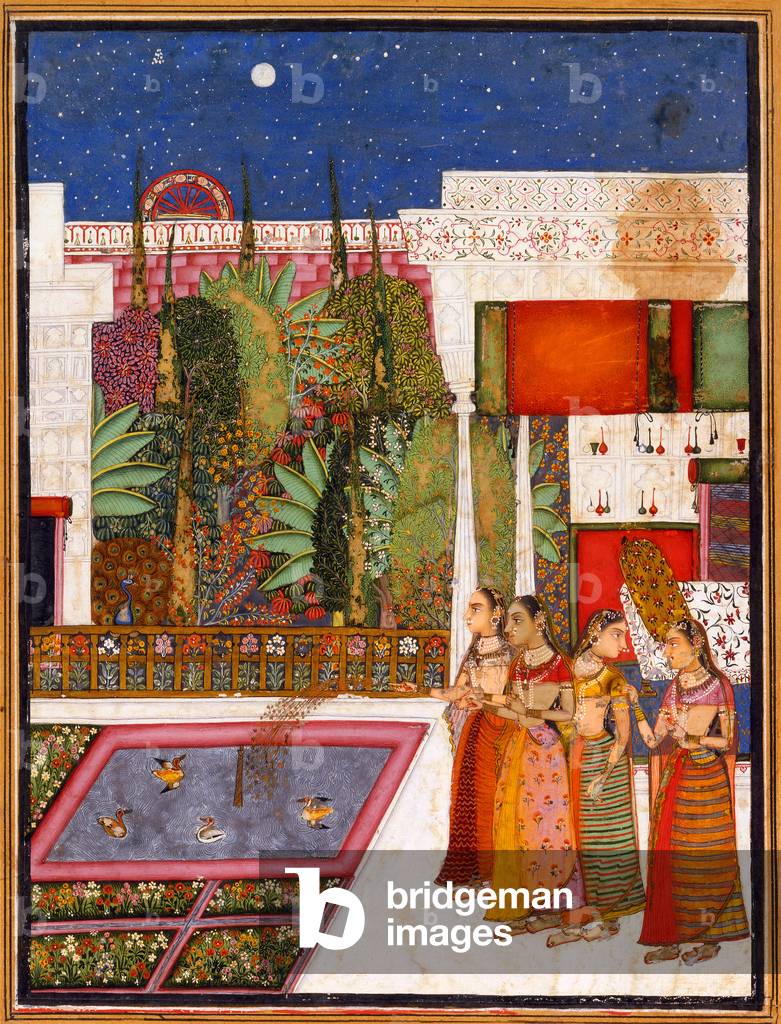 India: Four young women in a palace garden by night. Miniature painting from Rajasthan, 18th century.