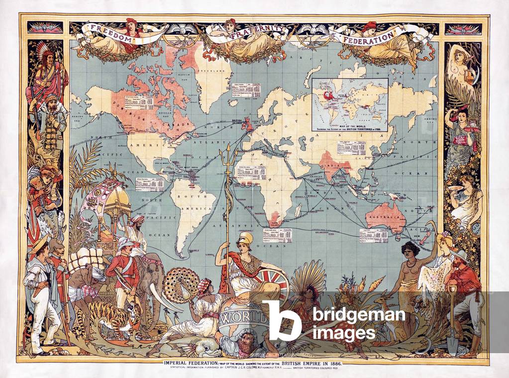 United Kingdom: Map of the World showing the British Empire highlighted in red, London, 1886