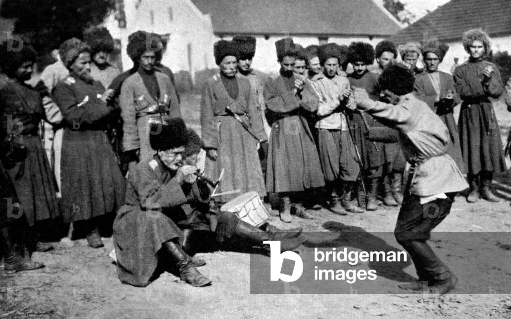Russia: Cossack soldiers dancing pending de-Cossackization, Eastern Front, World War I, c. 1915