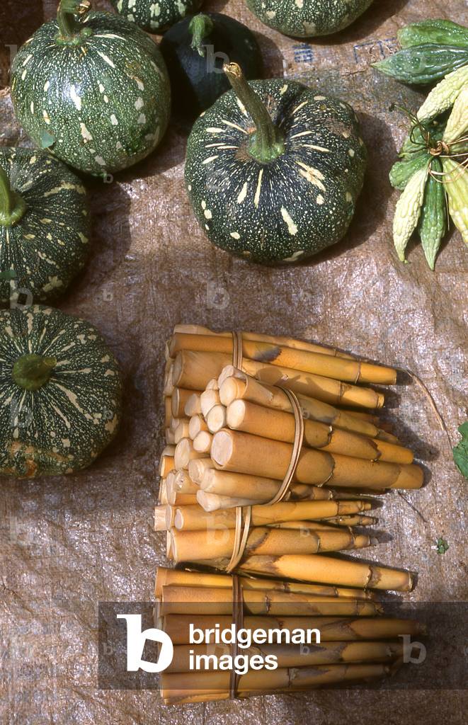 Vietnam: Pumpkins and edible bamboo shoots for sale in the market at Thuan Chau (Thu?n ChA (photo)