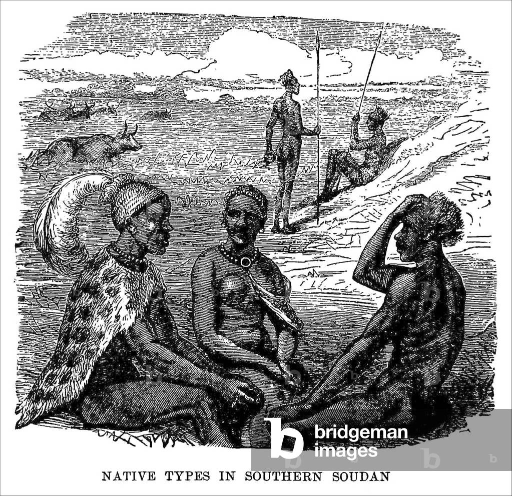 Sudan / South Sudan: 'Native types in Southern Sudan', line drawing, c.1875