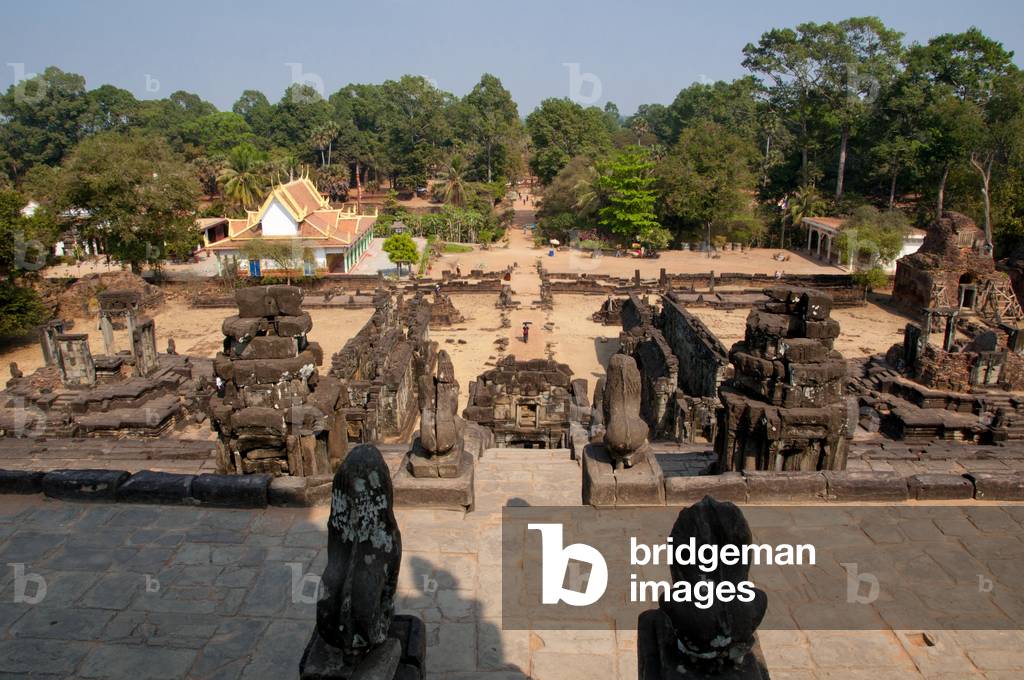 Cambodia: View from the central sanctuary towards the eastern approach, Bakong, Roluos Complex, Angkor