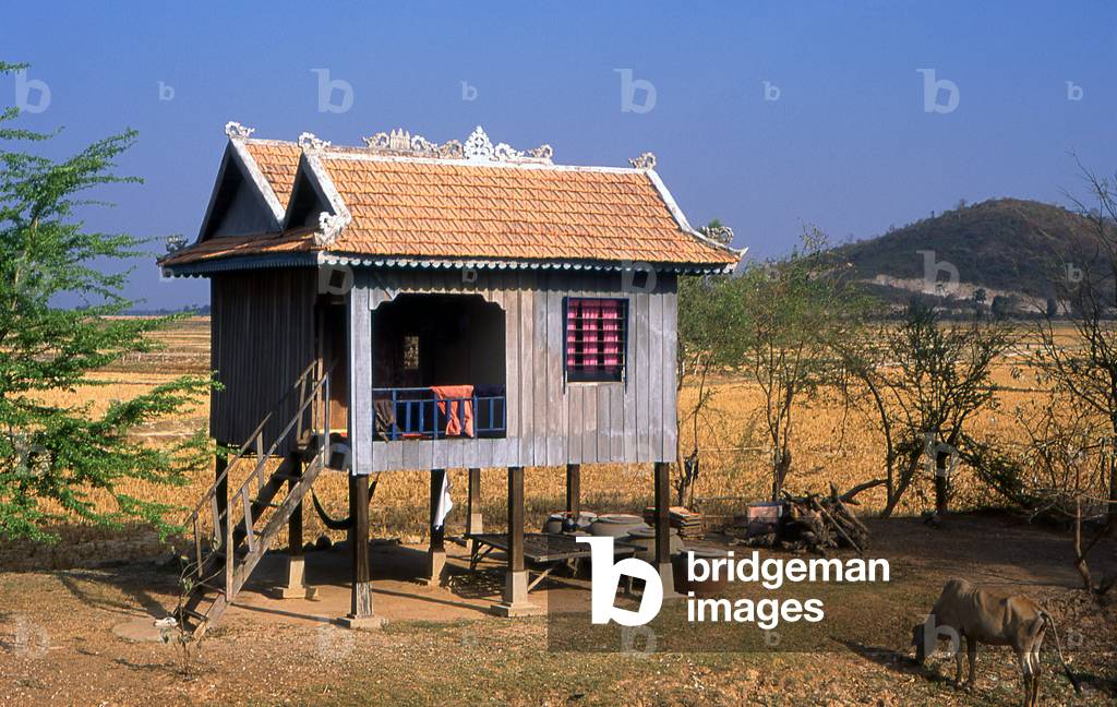 Cambodia: A blue-painted stilt house on Cambodia's central plains, a common sight across the country