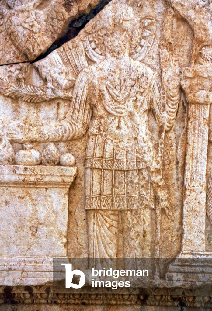 Syria: Bas-relief of the pre-Islamic Arabian Moon God Aglybol. Limestone, Palmyra, 1st century CE