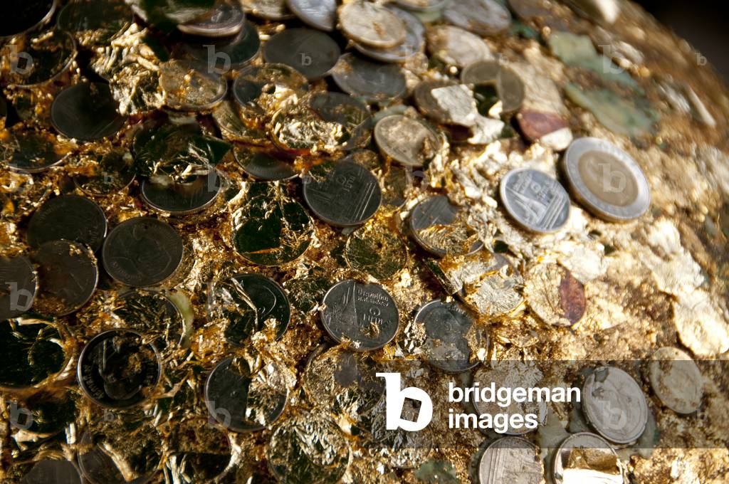 Thailand: Luk nimit (holy stone spheres) covered in gold leaf and Thai baht coins, Wat Phrathat Doi Kham, Chiang Mai