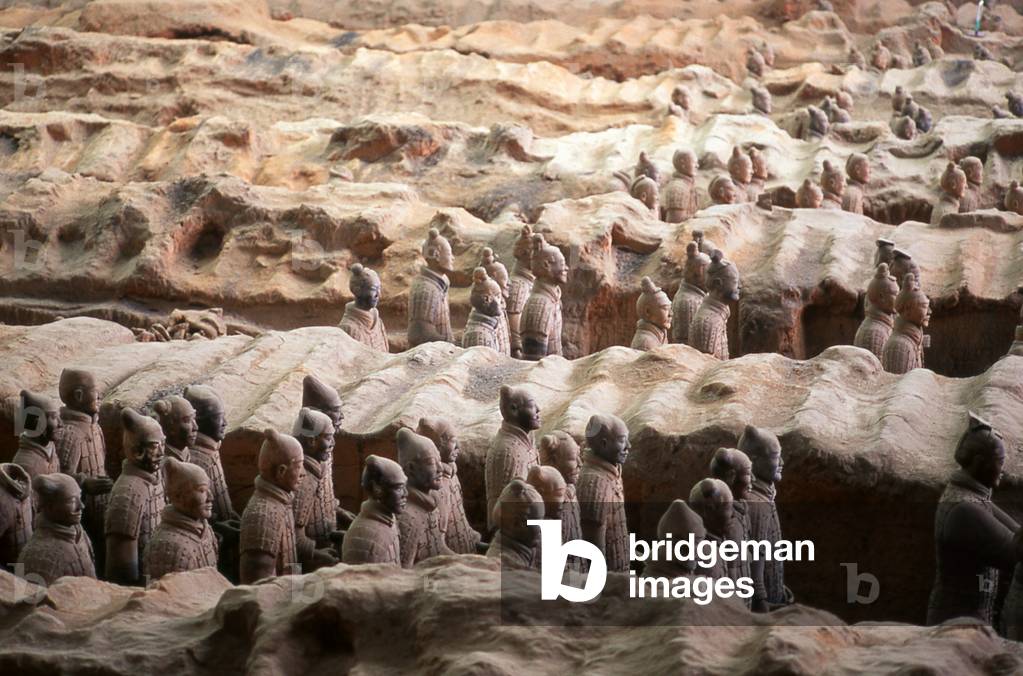 China: Warriors from the terracotta army guarding the tomb of Qin Shi Huang, first emperor of a unified China (r. 246-221 BCE), near Xi'an, Shaanxi Province