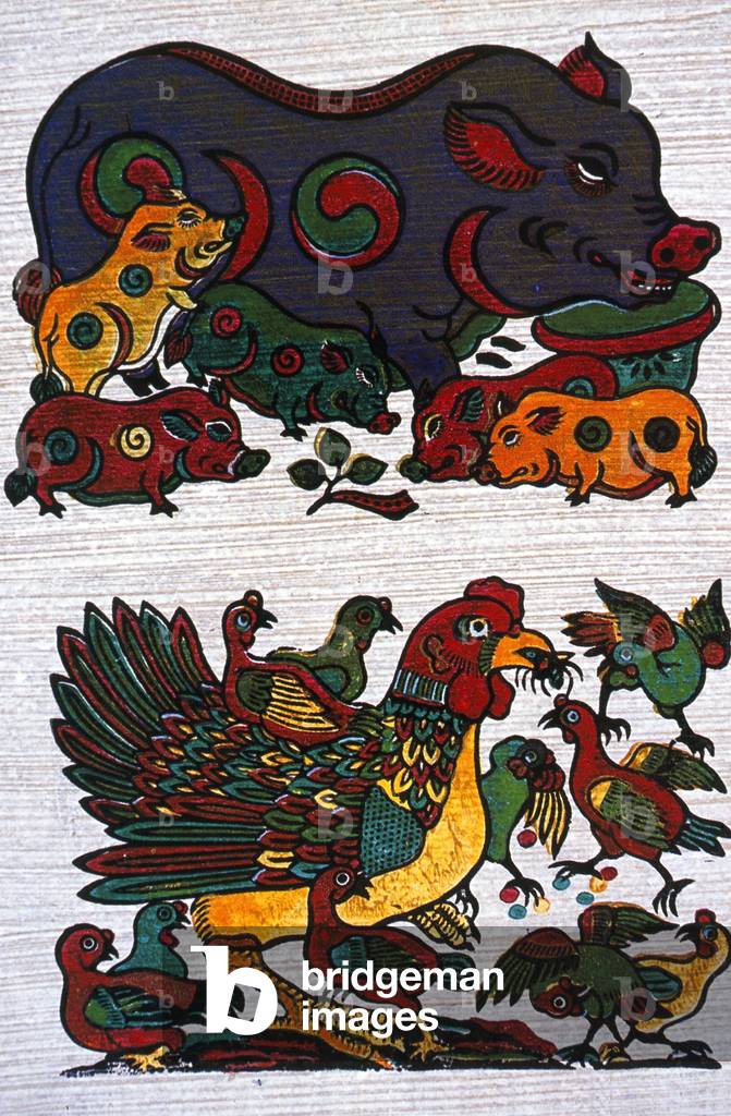 Vietnam: A pastoral scene in Tonkin - traditional woodblock painting from Dong Ho village, Bac Ninh Province