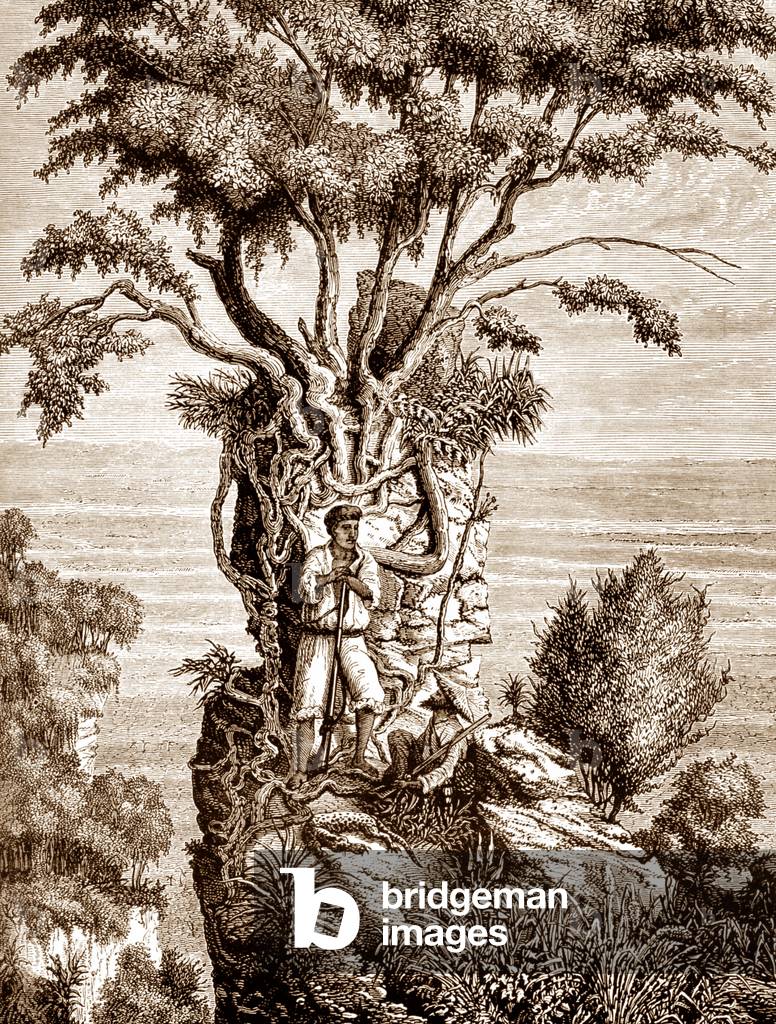 Laos: A Frenchman and a local Lao hunting in the southern Laotian region of Champasak, as illustrated by French expeditioner Louis Delaporte in 1866.