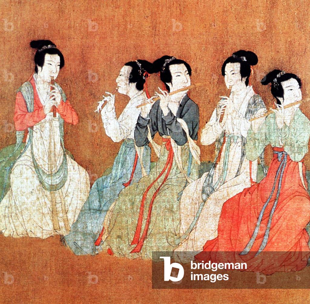 China: Five women playing flutes. Detail from the painting 'Night Revels of Han Xizai' by Gu Hongzhong