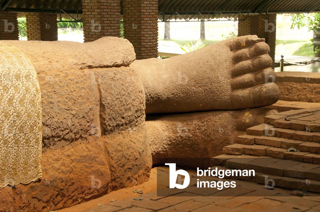 Thailand: The feet of an 8th century sandstone reclining Buddha (Phra Non), Thailand's oldest reclining Buddha, Wat Dharmacakra Semaram, Ban Klong Khwang, Nakhon Ratchasima Province