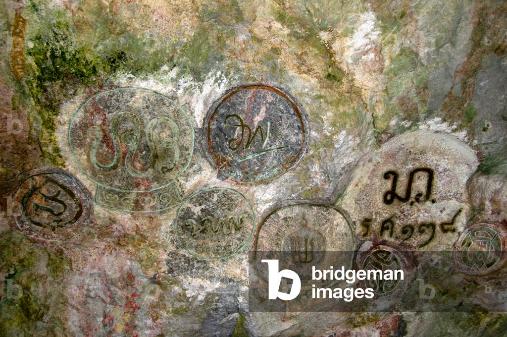 Thailand: Thai royal seals inside the cave temple Wat Tham Suwankhuha, Phang Nga Province