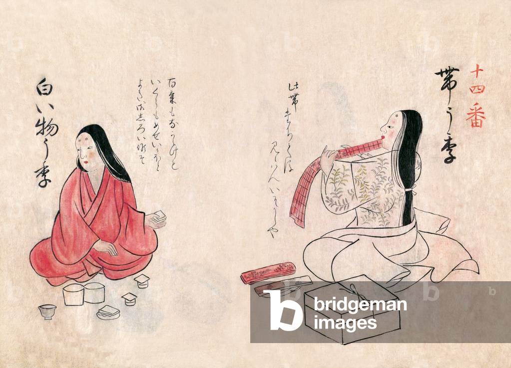 Japan: Traditional crafts and trades of the 18th century from a hand-painted album by an anonymous artist. Folio 14: Selling pottery (left), Tailor (right)