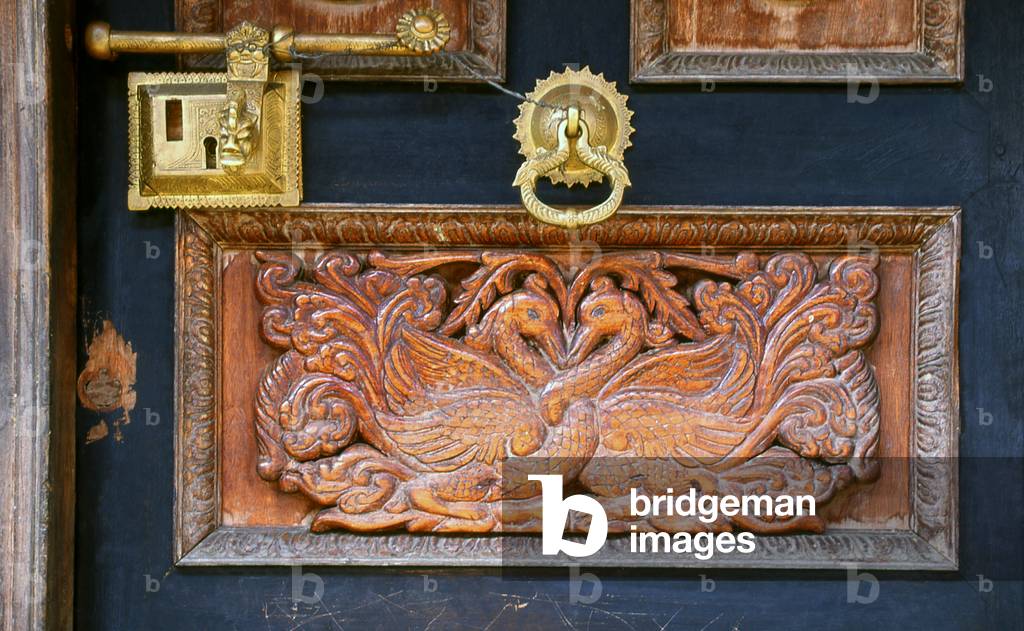 Sri Lanka: Door detail at Malwatte Vihara (temple), Kandy