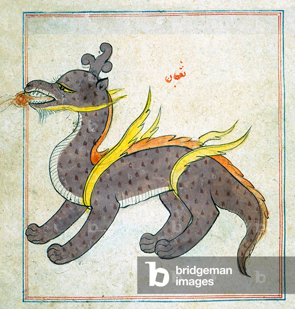 India: A thuban or dragon painted to illustrate a copy of Marvels of Things Created and Miraculous Aspects of Things Existing) by al-Qazwini (d. 1283/682), c. 17th century CE