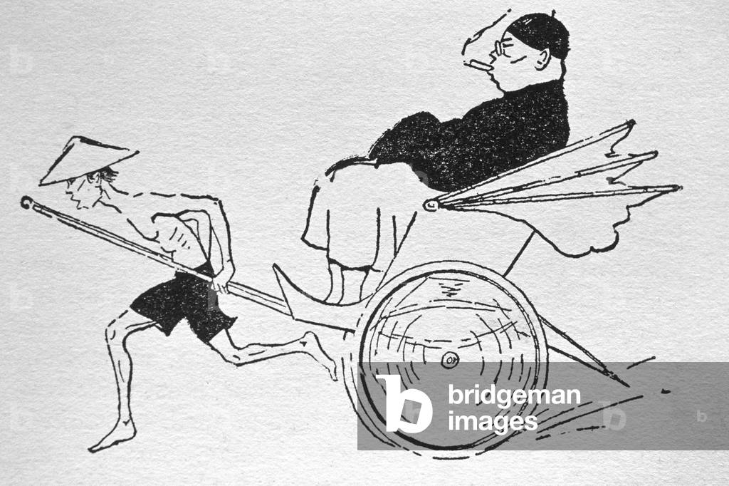 Vietnam: Drawing of a Hoa (Overseas Chinese) man being pulled in a rickshaw by a Viet coolie, Saigon, 1928.