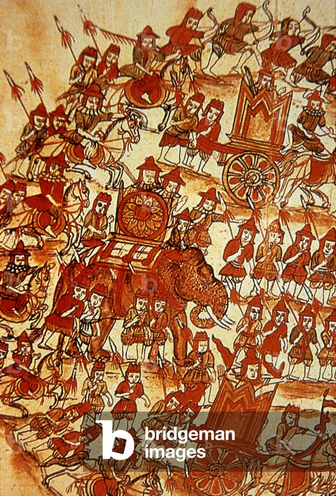 Burma / Myanmar: A 19th century temple mural depicting a section of the Burmese army with war elephants