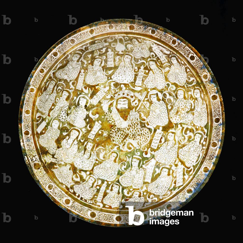 Iran / Persia: A bearded teacher with twenty-four students, possibly representing the first meeting of Layla and Majnun at school. Glazed dish, Kashan, late 12th century