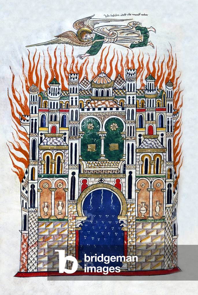 Spain: The Destruction of Babylon, a symbol of Satan and of all evil. From a 12th century version of 'The Commentary on the Apocalypse' by Beatus of Liebana