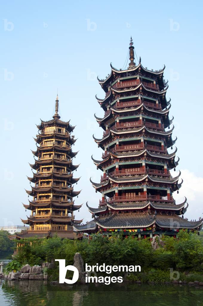 China: The Riming Shuang Ta Pagodas on Shan Lu (Fir Lake) in the centre of Guilin, Guangxi Province