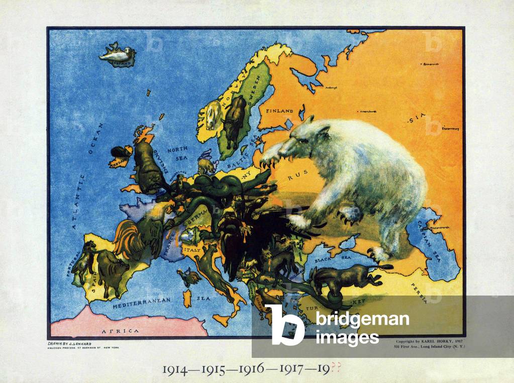Europe: The Russian Bear struggling with an entwined group of other animals representing the Great and Lesser Powers of Europe engaged in World War I, 1914-1917. Karel Horky, New York, 1917