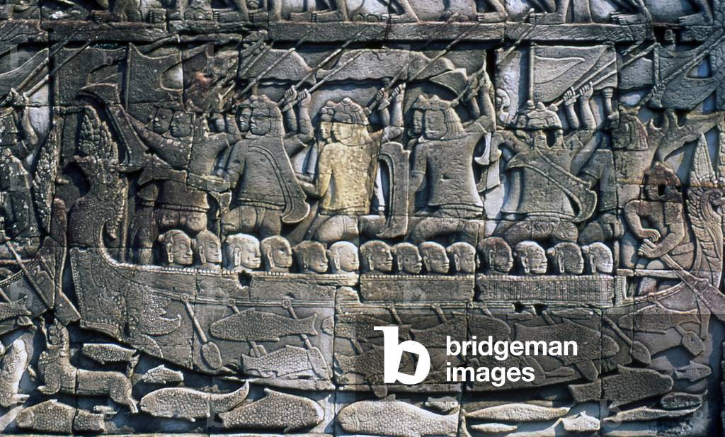 Cambodia: A Cham warship in a battle with Khmer forces on the Tonle Sap, bas-relief, The Bayon, Angkor Thom