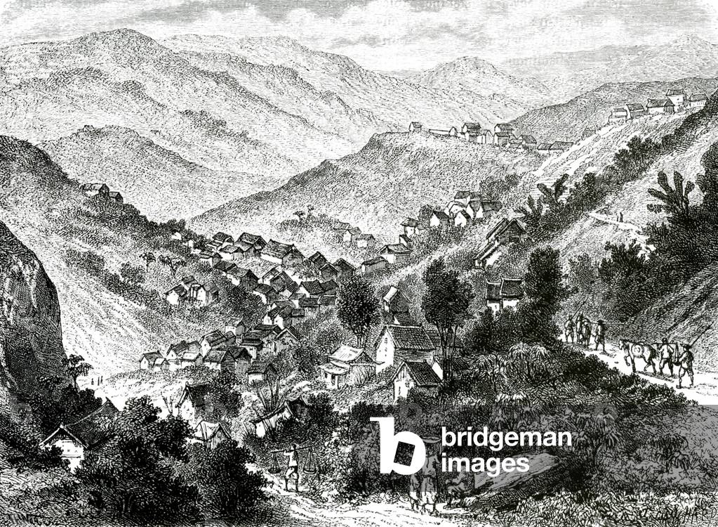 China: The village of Ho-boung near Simao in southern China, from an original sketch in 1867 by Louis Delaporte.