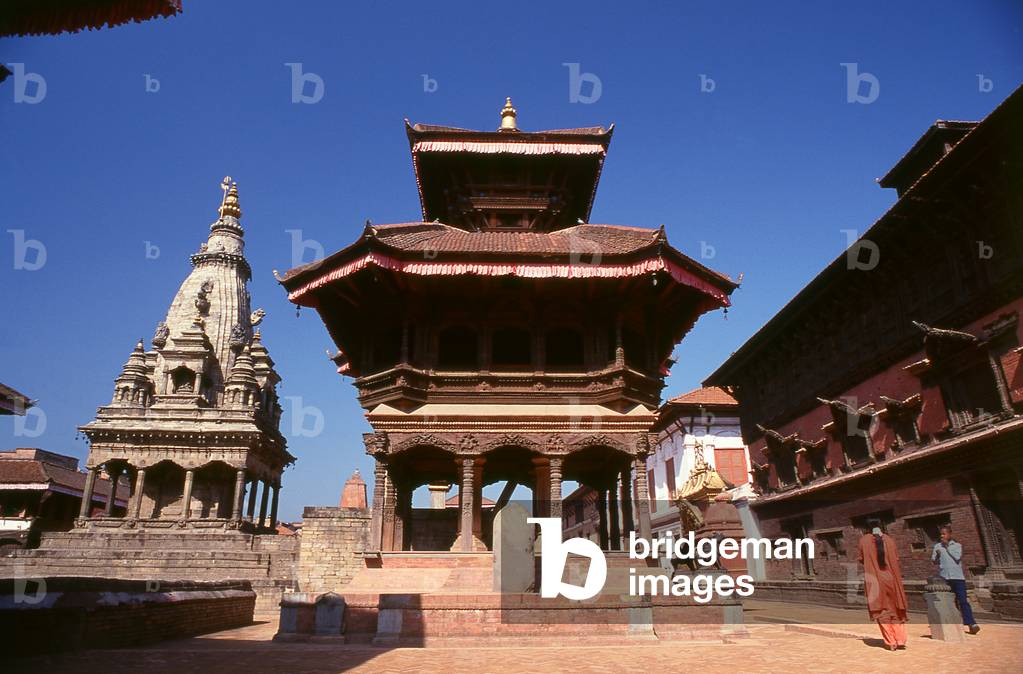 Nepal: The Vatsala Durga Temple (left) and the Chyasalin Mandap Temple (right), Durbar Square, Bhaktapur, Kathmandu Valley (1996)