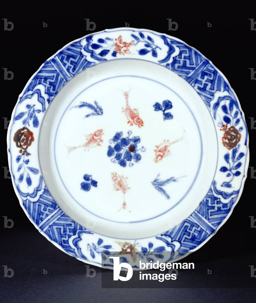 Piatto decorato in blu sottosmalto con tocchi di rosso rame, tarda dinastia Ming, c.1630 (porcellana)