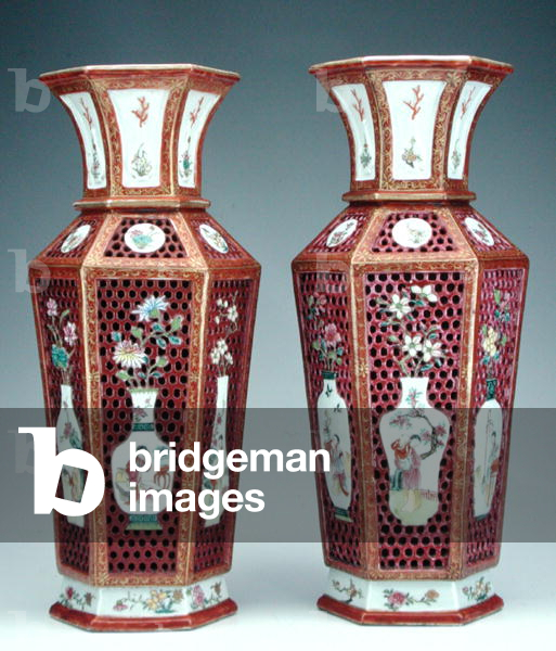 Pair of Chinese Porcelain vases of hexagonal section, (1736-1795) (porcelain)