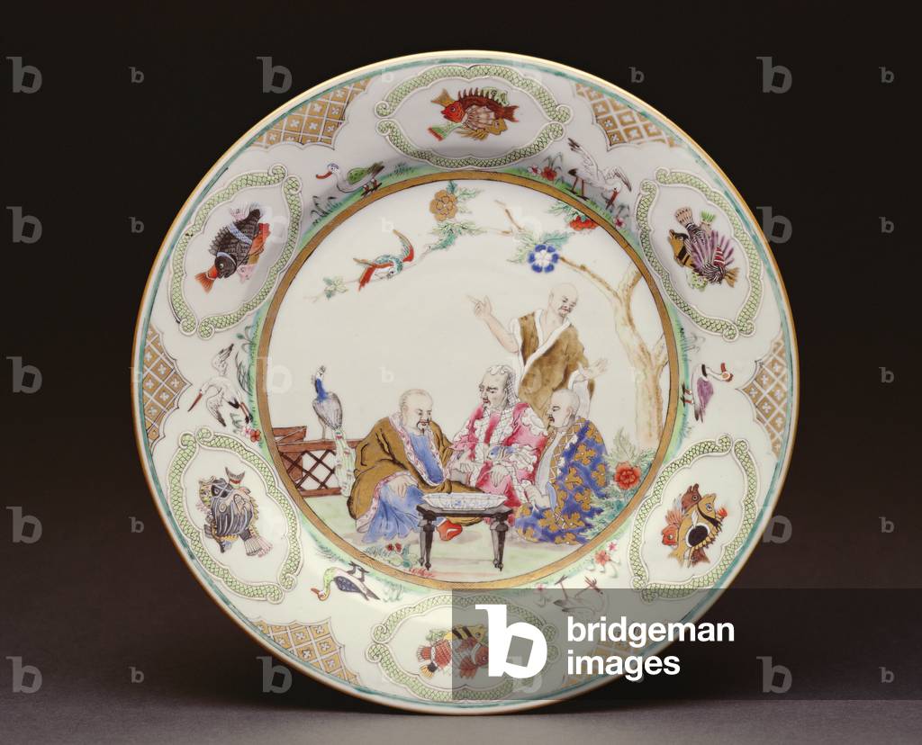 Famille Rose Export Plate, verziert mit 'The Doctor's Visit', nach Cornelius Pronck (1691-1759) Chinesisch, Qi