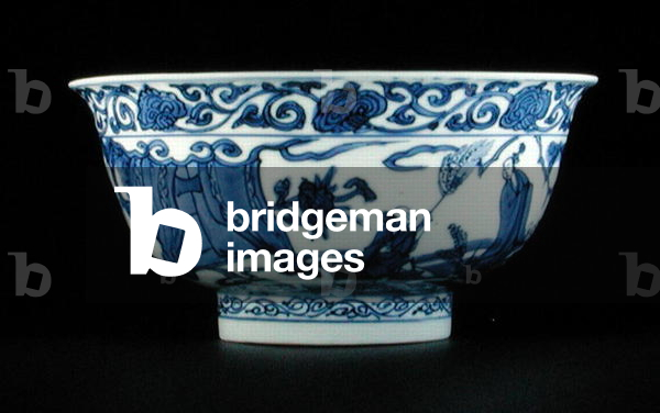 Ciotola bianca e blu dipinta con immortali taoisti, marchio Wanli e periodo, 1573-90 (porcellana) (vedi 206082