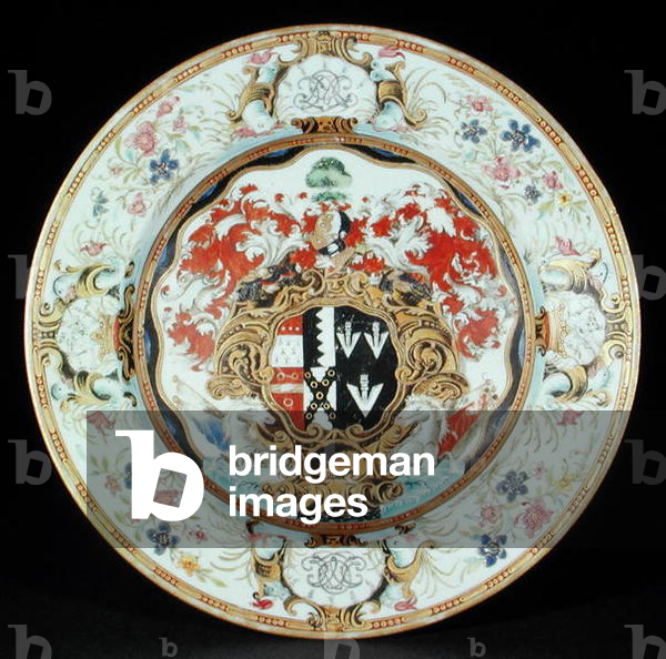 Dinner plate painted in famille rose enamels in the Rococo style with the arms of Leake Okeover Esq., Kangxi period (1662-1722) (porcelain)
