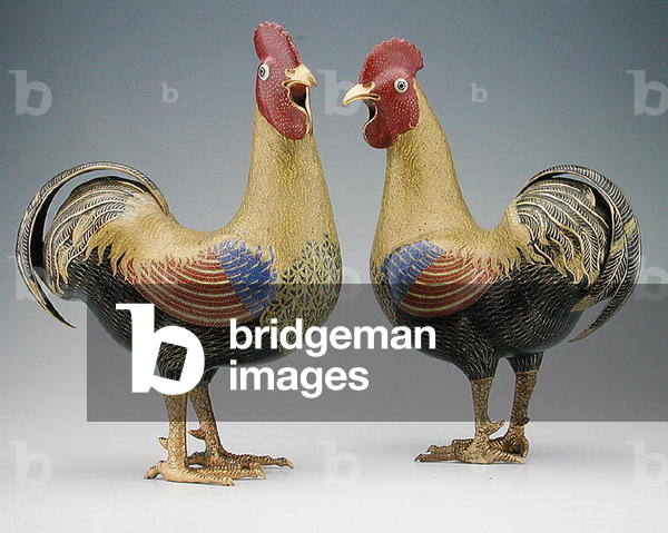 A pair of cockerels (cloisonne enamel)