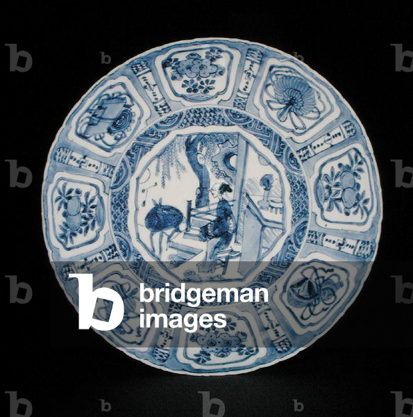 Blue and white kraak dish painted with a lady and a deer, Wanli, 1590-1610 (porcelain)