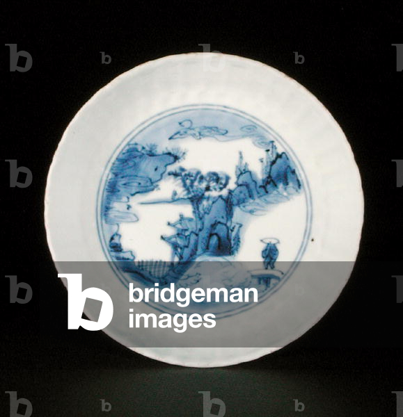 Blue and white kraak saucer dish painted with a figure in a landscape, Egret mark, Wanli or Tianqi, 1600-25 (porcelain)