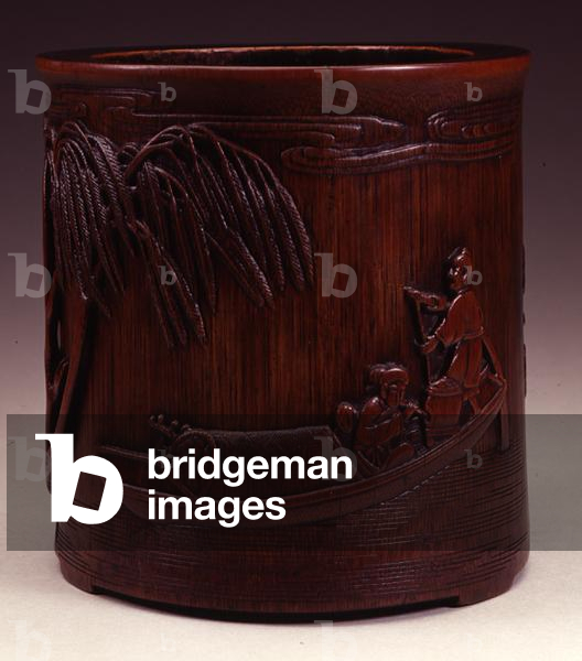Brushpot depicting three figures on a sampan fishing boat, made by Wang Lu-i, Ch'ing dynasty, 17th-18th century (carved bamboo)
