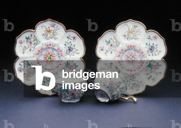 Pair of Canton enamel cups and saucers, Qianlong period, 1736-95 (porcelain)