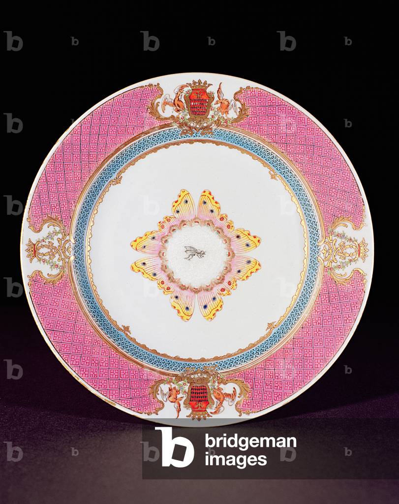Dinner plate painted in Famille Rose enamels with the arms of the Grimaldi di Castro, Yongzheng period (1723-35) c.1735 (porcelain)