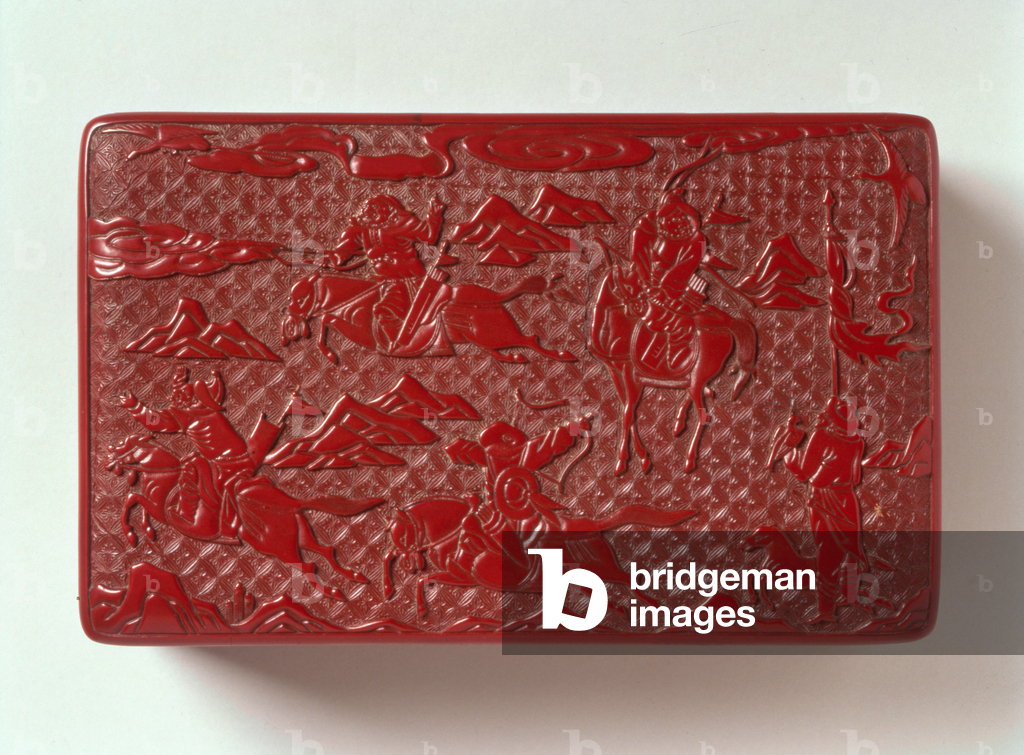 Box, with cover design of Mongol Hunters, Chinese, Ming dynasty, 16th century (carved cinnabar lacquer) (cover) (see also 133019)
