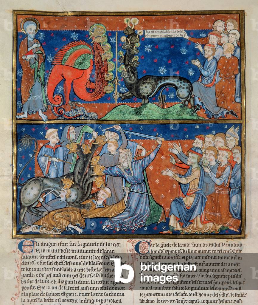 Ms. R.16.2 f.14b L'uccisione della bestia a sette teste, dall'Apocalisse della Trinità, Anglo-Normanna, c.1250